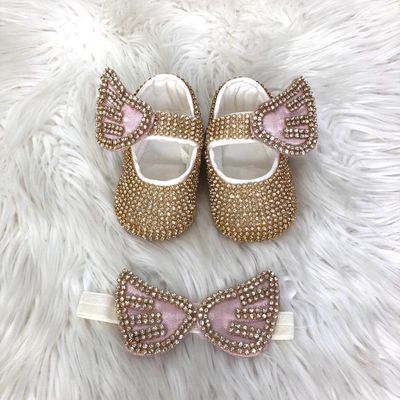 Handmade  Shoes and Headband Set (Blush Wings &amp; Golden Rhinestones)