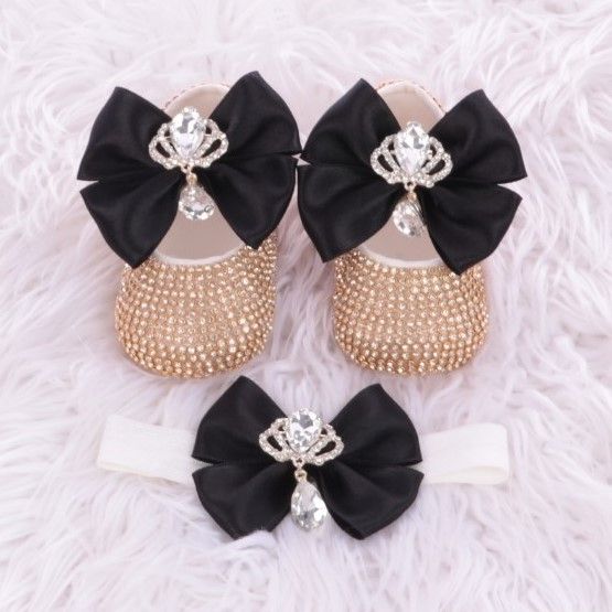 Handmade  Shoes and Headband Set (Black bow &amp; Golden Rhinestones)