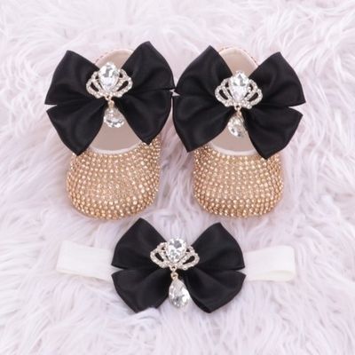 Handmade  Shoes and Headband Set (Black bow &amp; Golden Rhinestones)