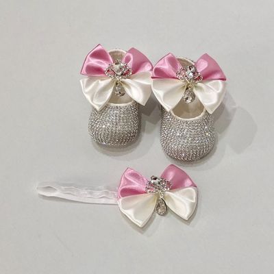 Handmade  Shoes and Headband Set (Pink and white bow, Silver Rhinestones)