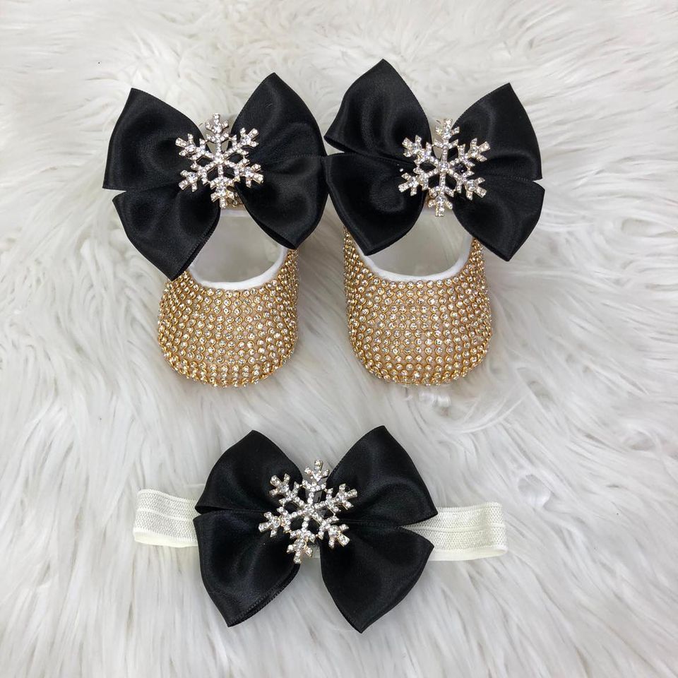 Handmade  Shoes and Headband Set (Black Bow, Snowflake, Golden Rhinestones)