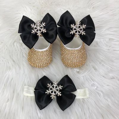 Handmade  Shoes and Headband Set (Black Bow, Snowflake, Golden Rhinestones)
