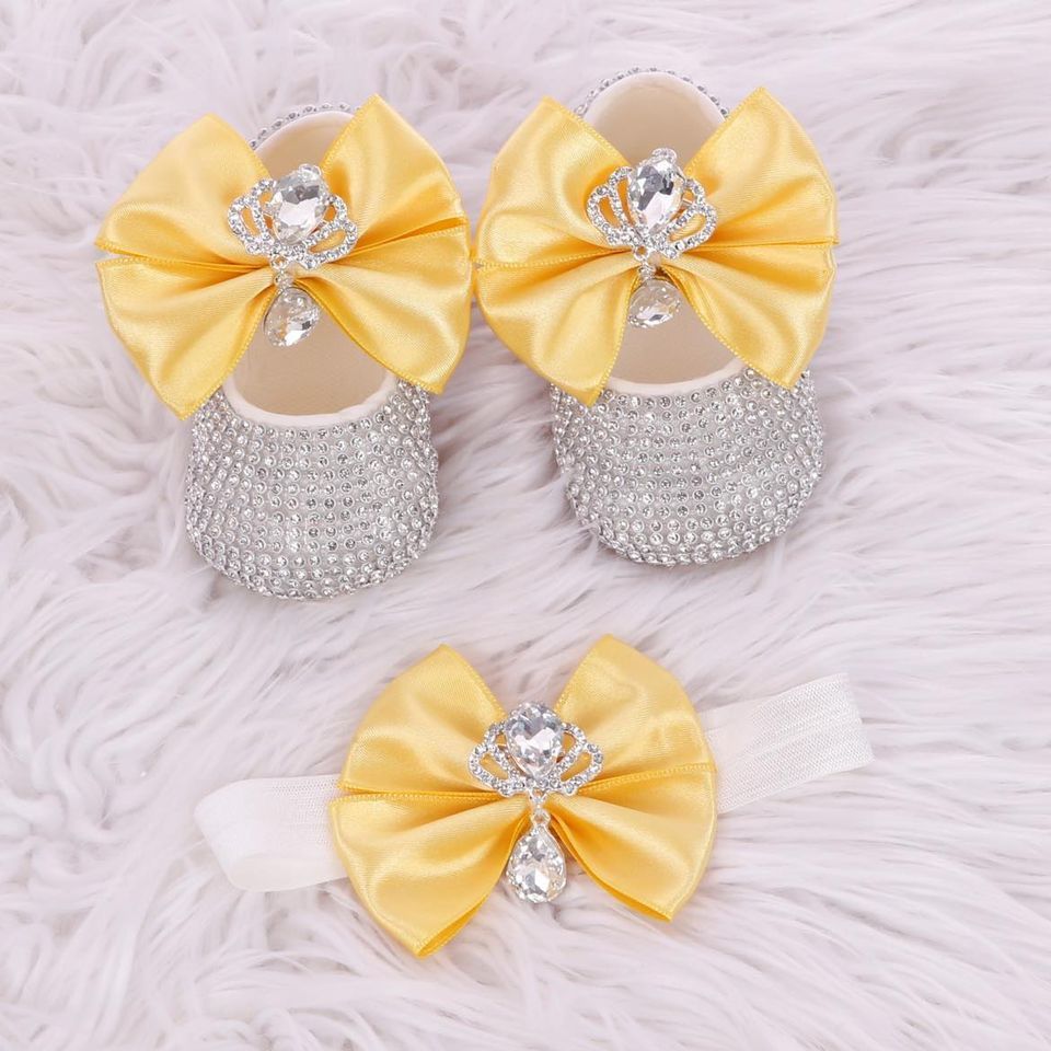 Handmade  Shoes and Headband Set (Yellow bow &amp; Silver Rhinestones)