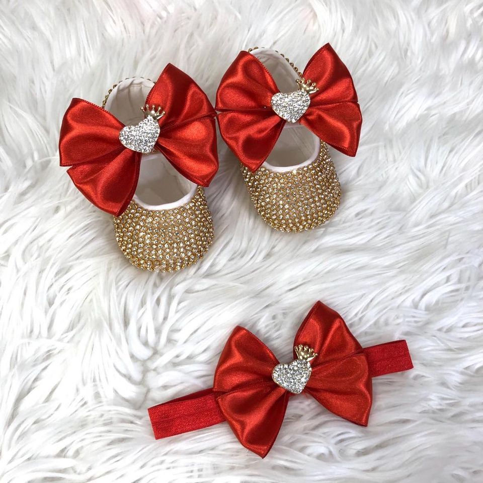 Handmade  Shoes and Headband Set (Red bow, heart &amp; Golden Rhinestones)