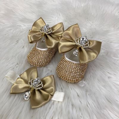 Handmade  Shoes and Headband Set (Golden Bow, Golden Rhinestones)