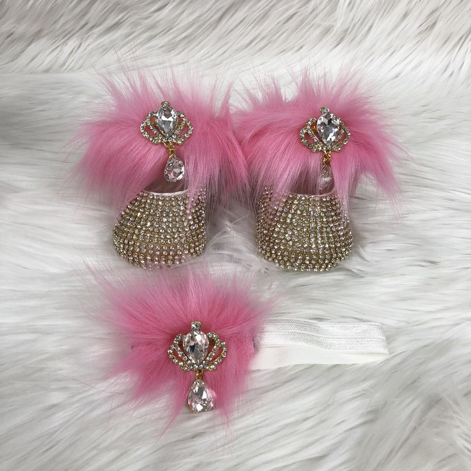 Handmade  Shoes and Headband Set (Pink Fur, Golden Rhinestones)