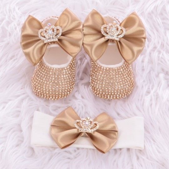 Handmade  Shoes and Headband Set (Golden Bow, Golden Rhinestones)