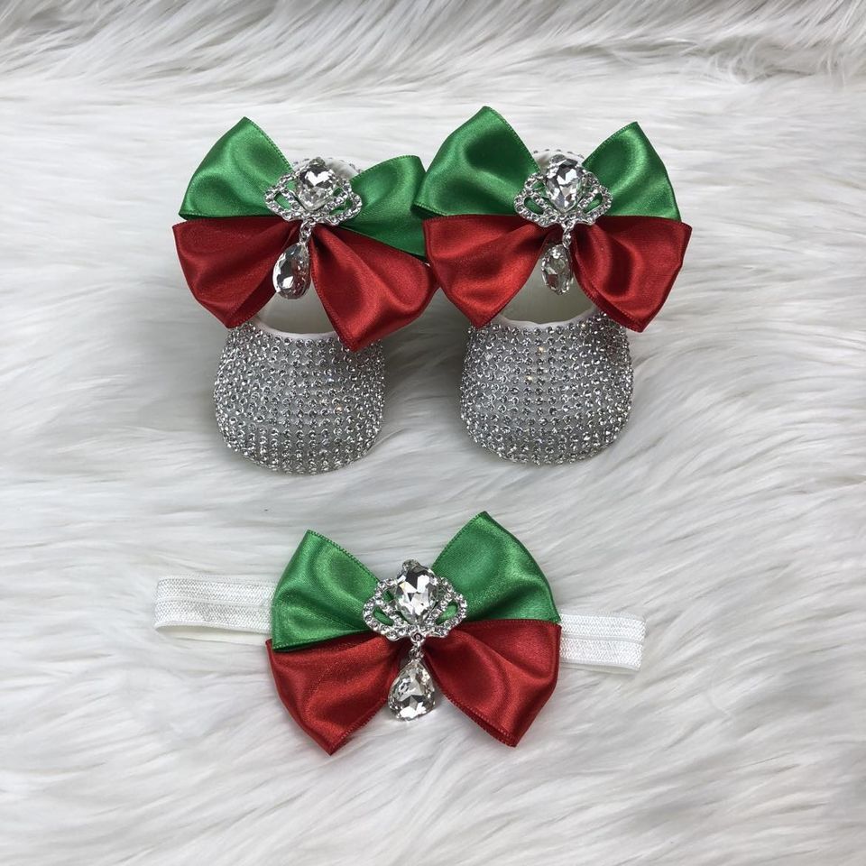 Handmade  Shoes and Headband Set (Green &amp; Red bow, Silver Rhinestones)