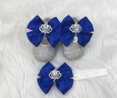 Handmade  Shoes and Headband Set (Navy Blue bow &amp; Silver Rhinestones)