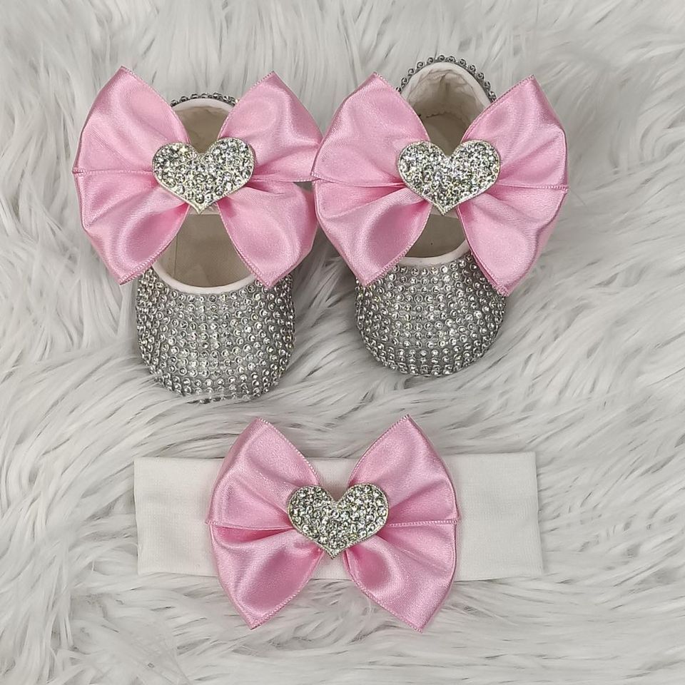 Handmade  Shoes and Headband Set (Pink bow, heart &amp; Silver Rhinestones)