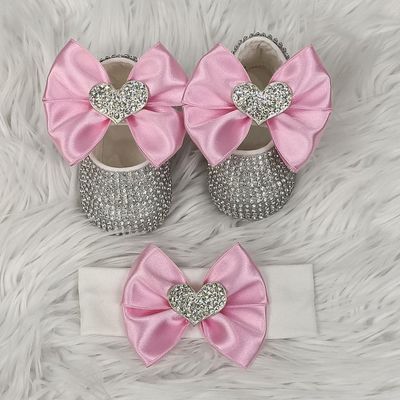 Handmade  Shoes and Headband Set (Pink bow, heart &amp; Silver Rhinestones)