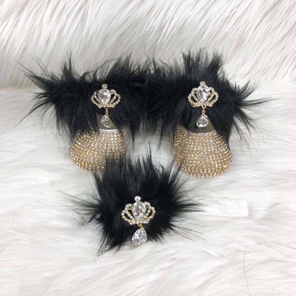 Handmade  Shoes and Headband Set (Black Far, Golden Rhinestones)