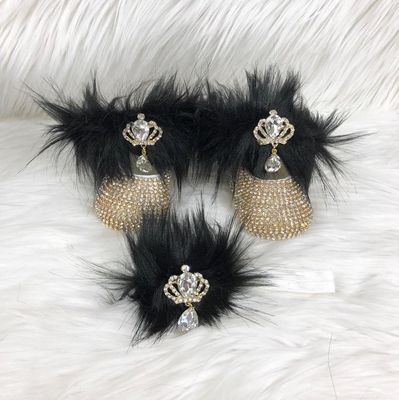 Handmade  Shoes and Headband Set (Black Far, Golden Rhinestones)
