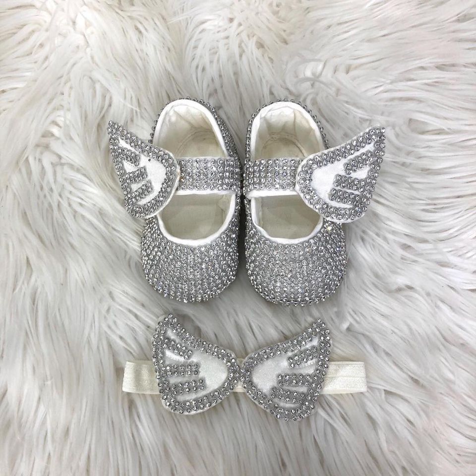 Handmade  Shoes and Headband Set (White wing &amp; Silver Rhinestones)