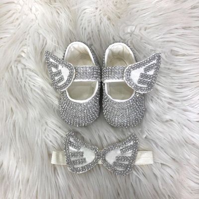 Handmade  Shoes and Headband Set (White wing &amp; Silver Rhinestones)