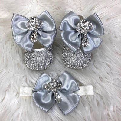 Handmade  Shoes and Headband Set (Grey Bow, silver Rhinestones)
