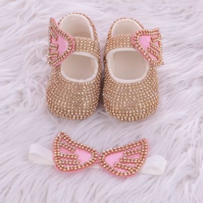Handmade  Shoes and Headband Set (Pink Wing, Golden Rhinestones)