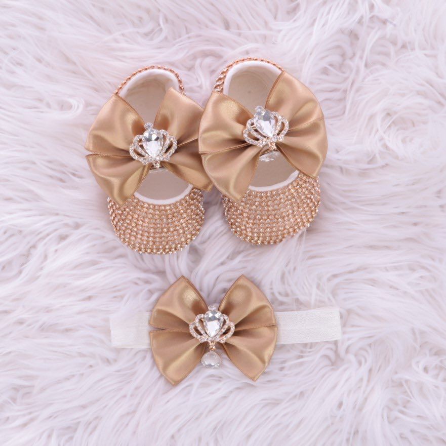 Handmade  Shoes and Headband Set (Golden Bow, Golden Rhinestones)