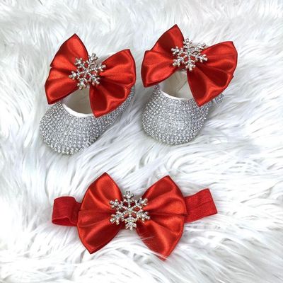 Handmade  Shoes and Headband Set (Red bow, Snowflakes &amp; Silver Rhinestones)
