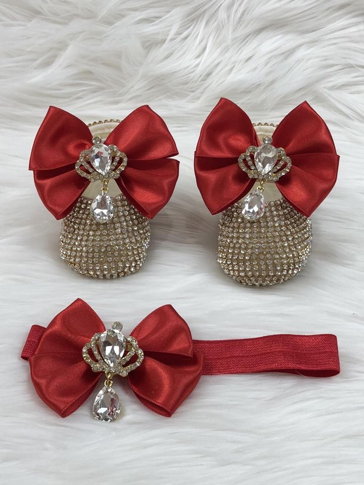 Handmade  Shoes and Headband Set (Red Bow &amp; Golden Rhinestones)