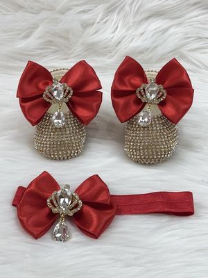 Handmade  Shoes and Headband Set (Red Bow &amp; Golden Rhinestones)