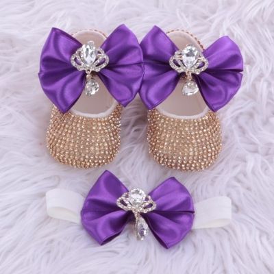 Handmade  Shoes and Headband Set (Purple Bow &amp; Golden Rhinestones)