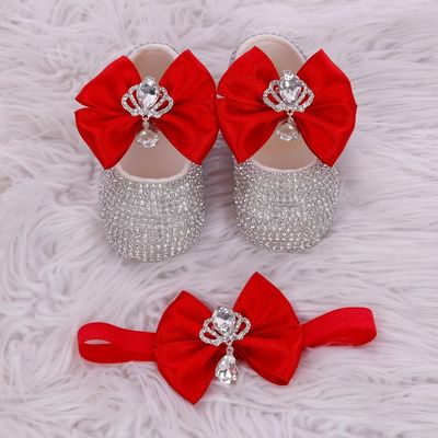 Handmade  Shoes and Headband Set (red bow &amp; Silver Rhinestones)