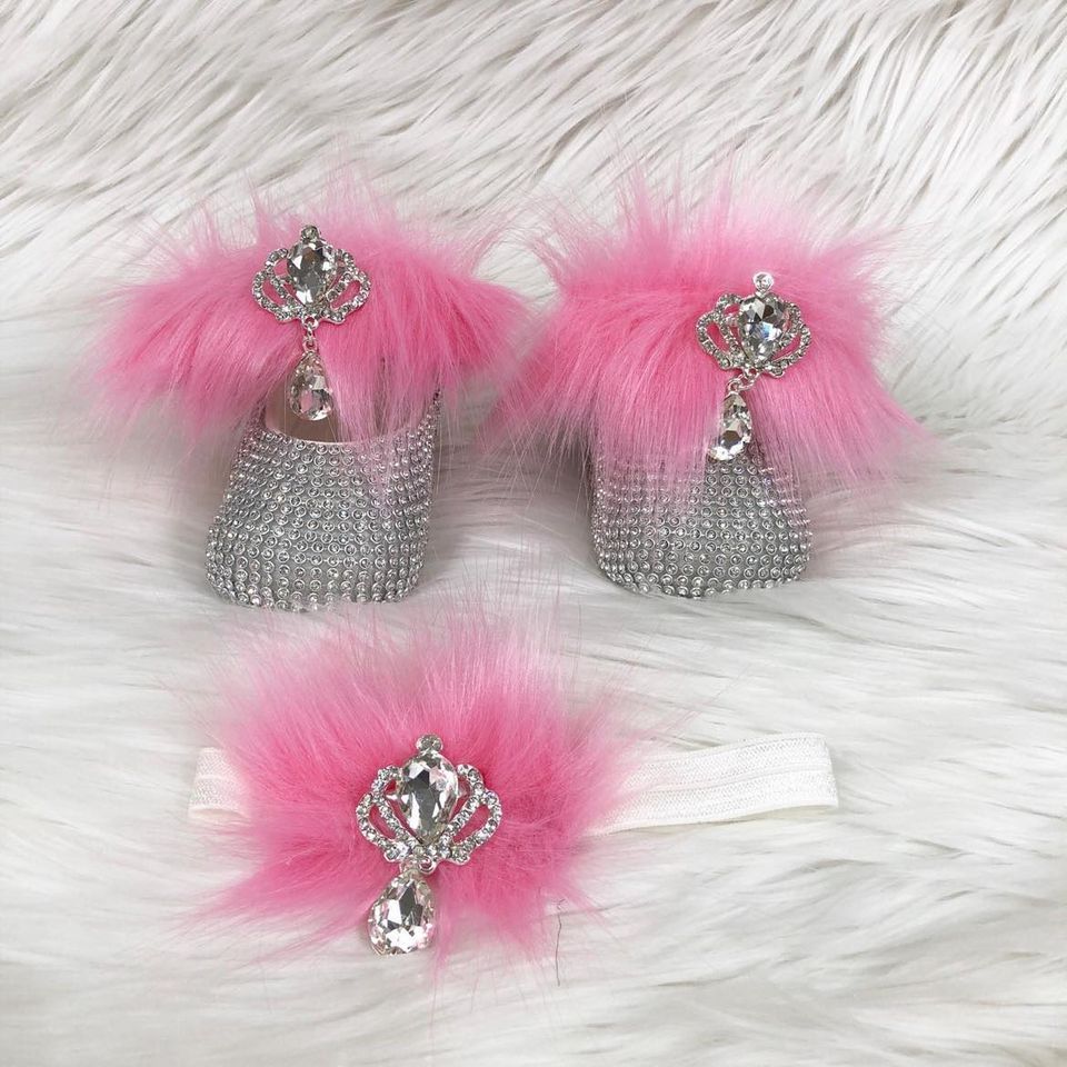 Handmade  Shoes and Headband Set (Pink Fur &amp; Silver Rhinestones)