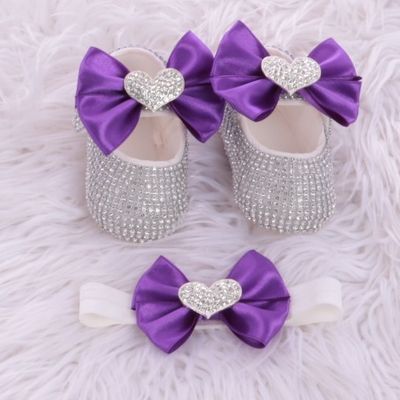 Handmade  Shoes and Headband Set (Purple Bow &amp; Silver Rhinestones)