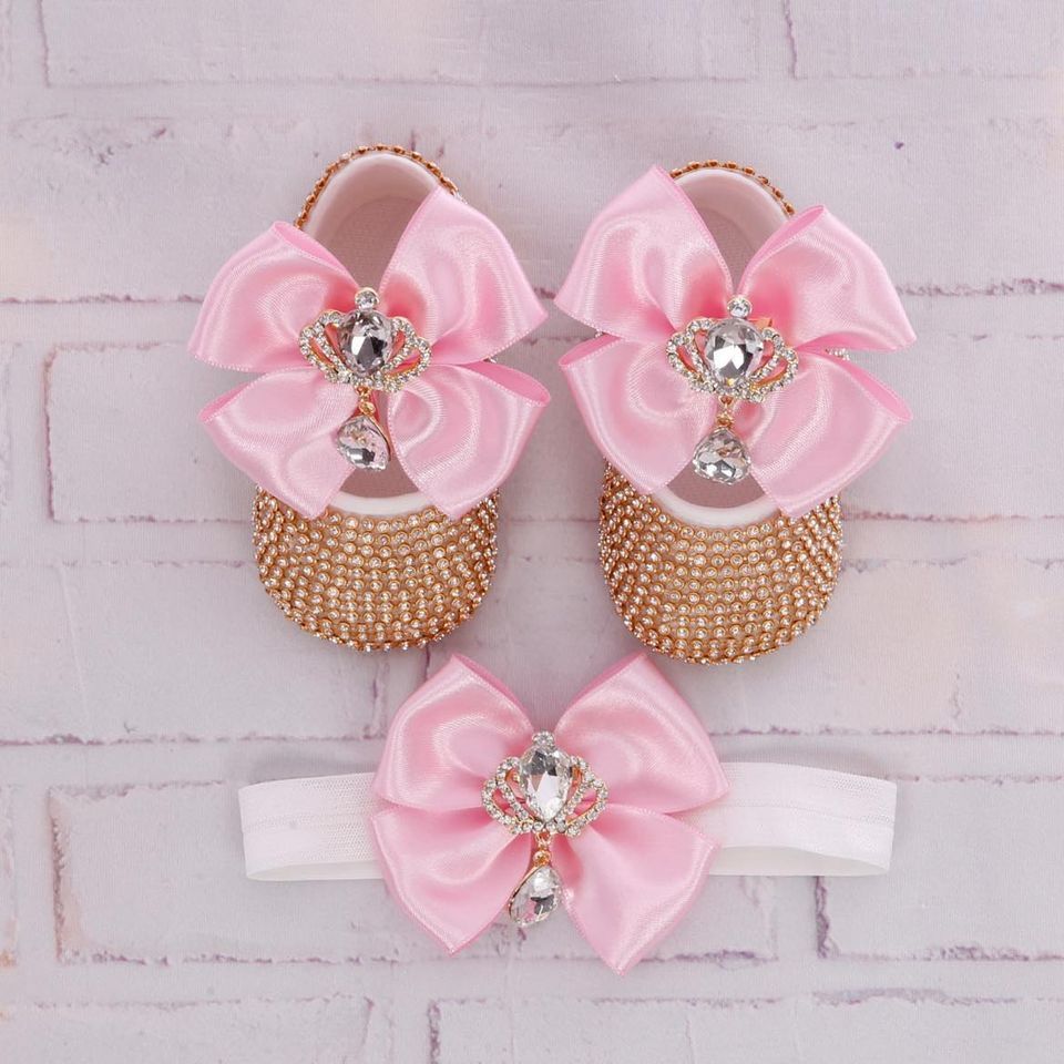 Handmade  Shoes and Headband Set (Pink Bow &amp; Golden Rhinestones)