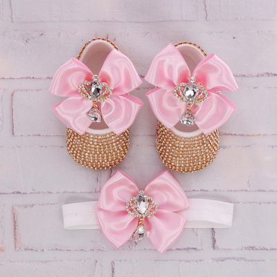 Handmade  Shoes and Headband Set (Pink Bow &amp; Golden Rhinestones)