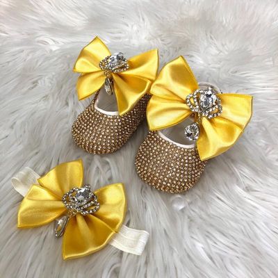 Handmade  Shoes and Headband Set (Yellow Bow &amp; Golden Rhinestones)