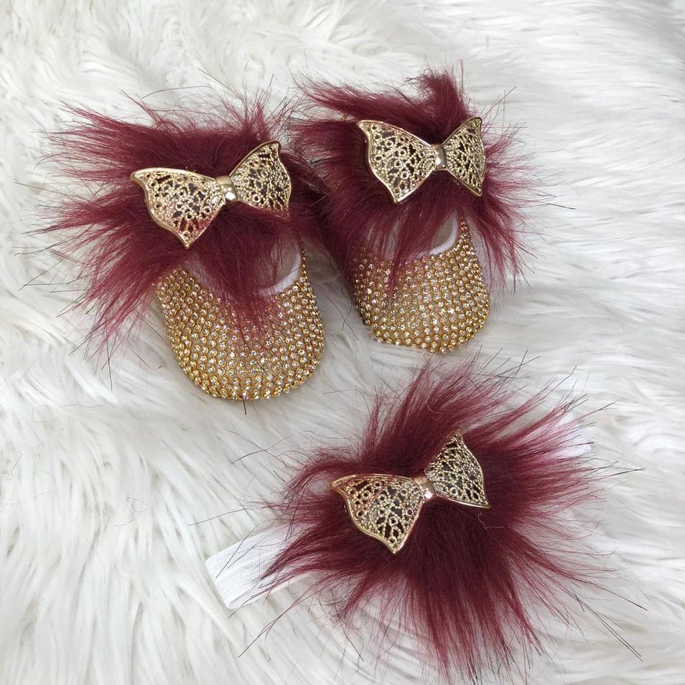Handmade  Shoes and Headband Set (Maroon Fur &amp; Golden Rhinestones)