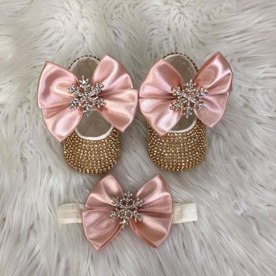 Handmade  Shoes and Headband Set (Blush Bow, Snowflakes &amp; Golden Rhinestones)