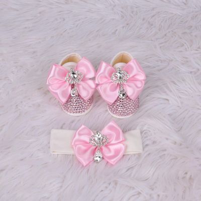 Handmade  Shoes and Headband Set (Pink Bow &amp; Pink Rhinestones)