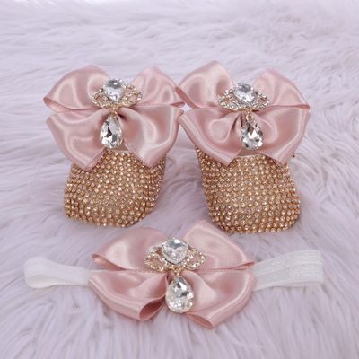 Handmade  Shoes and Headband Set (Blush Bow &amp; Golden Rhinestones)