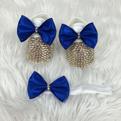 Handmade  Shoes and Headband Set (Royal Blue Bow &amp; Golden Rhinestones)
