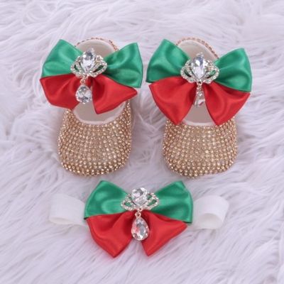 Handmade  Shoes and Headband Set (Red, Green Bow &amp; Golden Rhinestones)