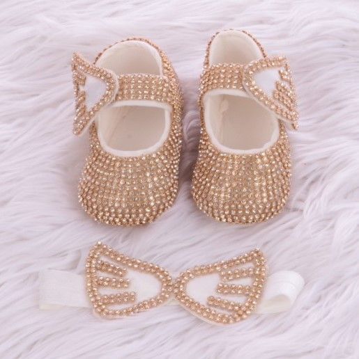 Handmade  Shoes and Headband Set (White Angel wings &amp; Golden Rhinestones)