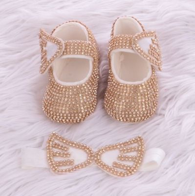 Handmade  Shoes and Headband Set (White Angel wings &amp; Golden Rhinestones)