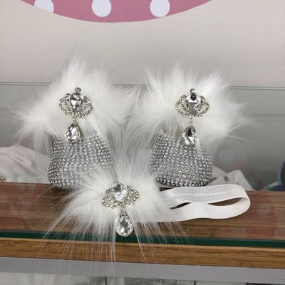 Handmade  Shoes and Headband Set (White Fur , Silver Rhinestones)