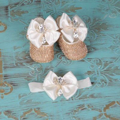 Handmade  Shoes and Headband Set (White bow &amp; Golden Rhinestones)