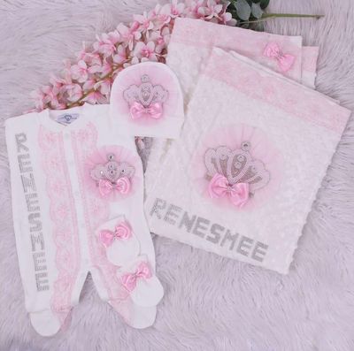 Handmade luxury Newborn Home Welcoming 4-Piece set ( Pink bow pearl crown)