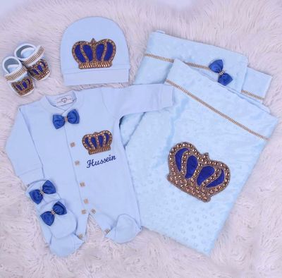 Luxury 5-Piece Blue Baby Boy Hospital Exit Outfit (Royal blue bow + Golden Crown)