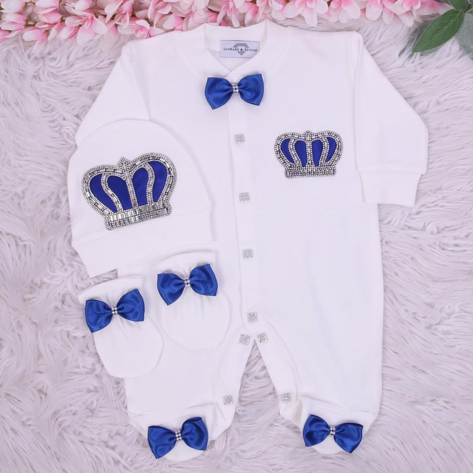 Exclusive Royal 3Piece Baby boy Hospital Exit Bling Outfit  (Blue/ Royal Blue/Silver Crown)