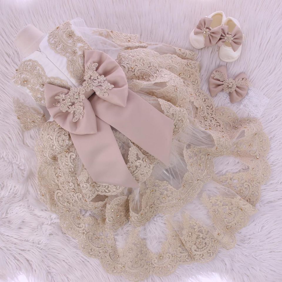 Luxurious high low white dress with headband and shoes ( White &amp; Beige)