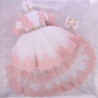 Luxurious high low white dress with headband and shoes ( White &amp; Peach)