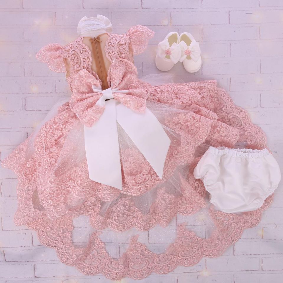Luxurious high low white dress with headband and shoes ( White &amp; Peach)