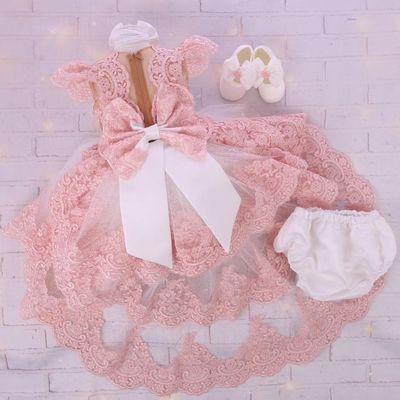 Luxurious high low white dress with headband and shoes ( White &amp; Peach)