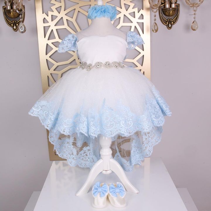 Luxurious high low white dress with headband and shoes ( Light Blue &amp; White)
